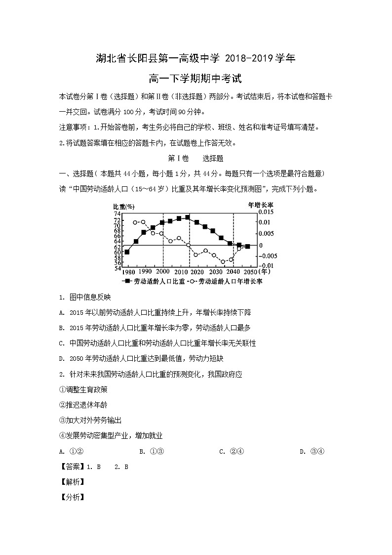 【地理】湖北省长阳县第一高级中学2018-2019学年高一下学期期中考试（解析版）01