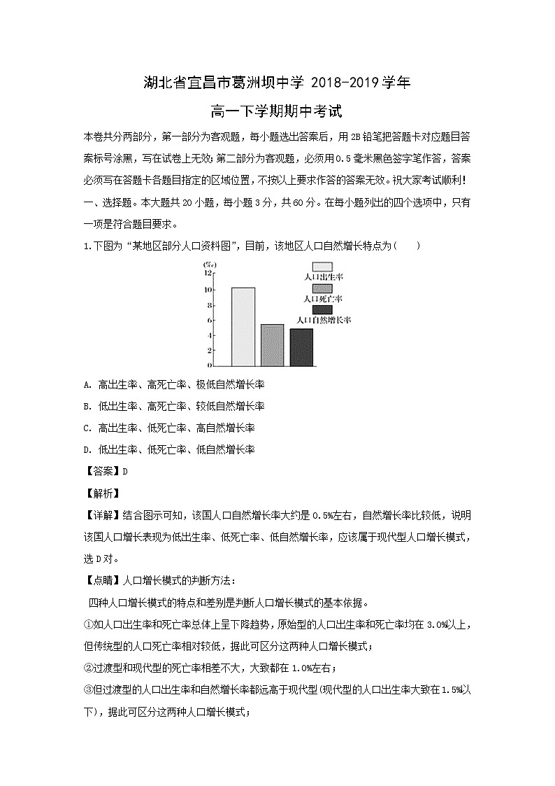【地理】湖北省宜昌市葛洲坝中学2018-2019学年高一下学期期中考试（解析版）01