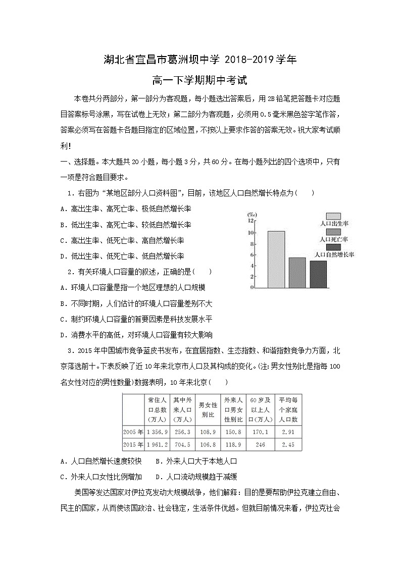 【地理】湖北省宜昌市葛洲坝中学2018-2019学年高一下学期期中考试01