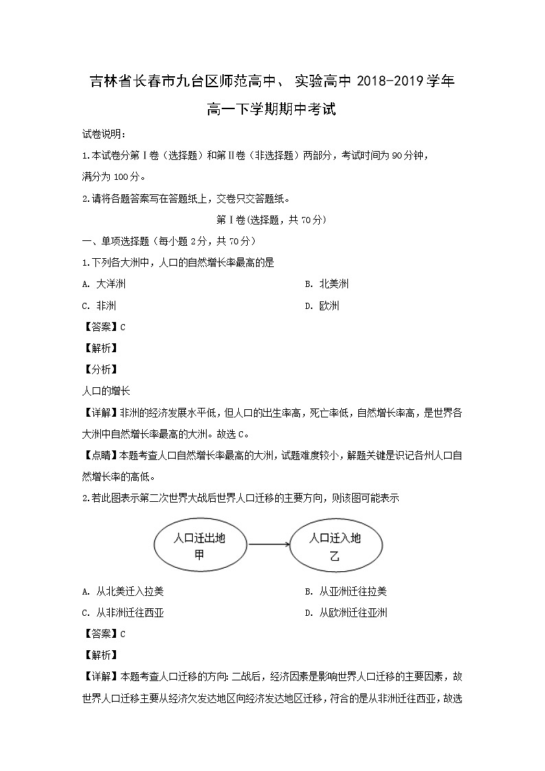 【地理】吉林省长春市九台区师范高中、实验高中2018-2019学年高一下学期期中考试（解析版）01