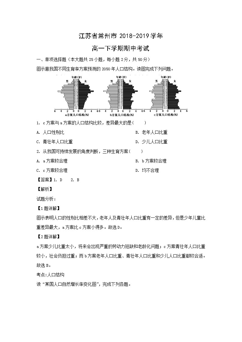 【地理】江苏省常州市2018-2019学年高一下学期期中考试（解析版）01