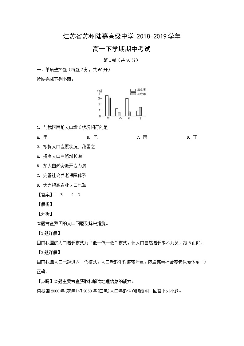 【地理】江苏省苏州陆慕高级中学2018-2019学年高一下学期期中考试（解析版）01
