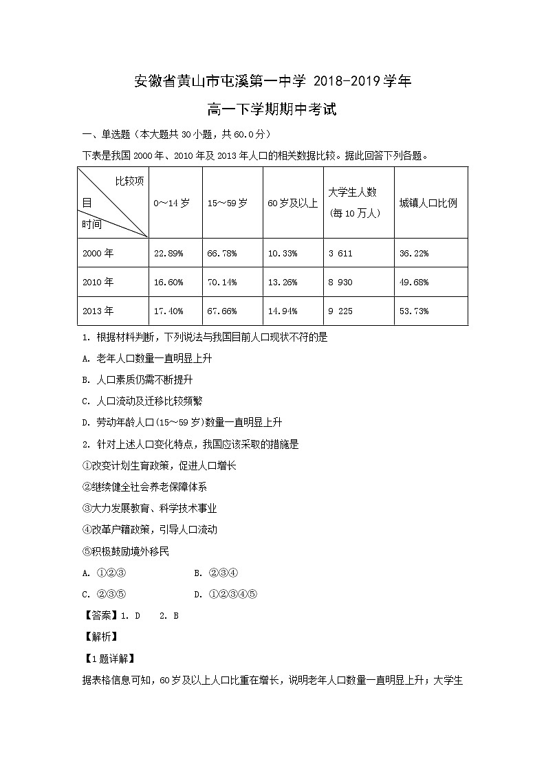 【地理】安徽省黄山市屯溪第一中学2018-2019学年高一下学期期中考试（解析版）第1页