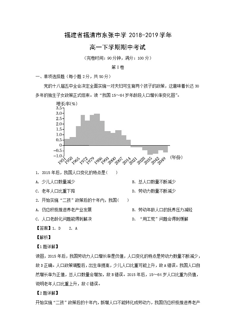 【地理】福建省福清市东张中学2018-2019学年高一下学期期中考试（解析版）01