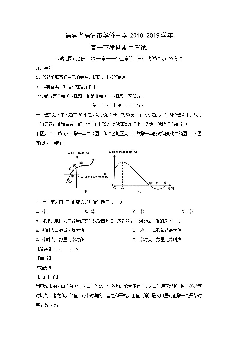 【地理】福建省福清市华侨中学2018-2019学年高一下学期期中考试（解析版）01