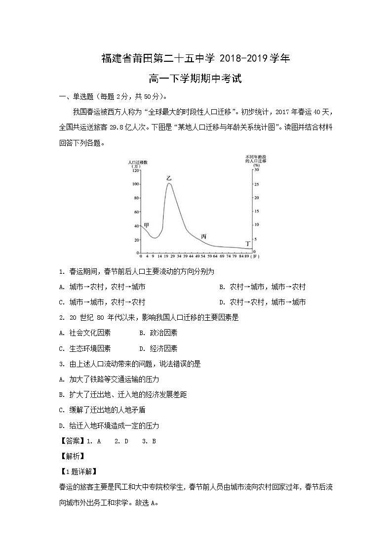 【地理】福建省莆田第二十五中学2018-2019学年高一下学期期中考试（解析版）01