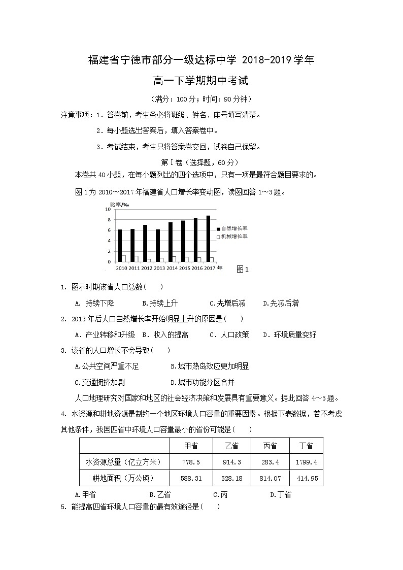 【地理】福建省宁德市部分一级达标中学2018-2019学年高一下学期期中考试01