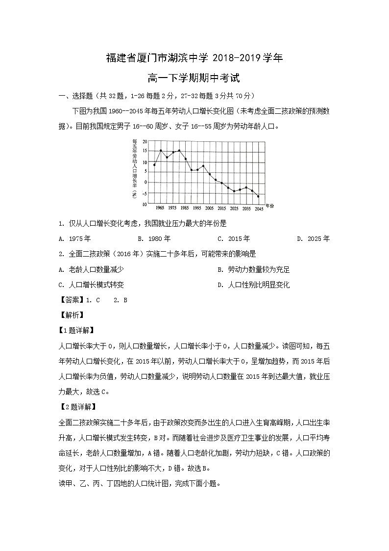 【地理】福建省厦门市湖滨中学2018-2019学年高一下学期期中考试（解析版）01
