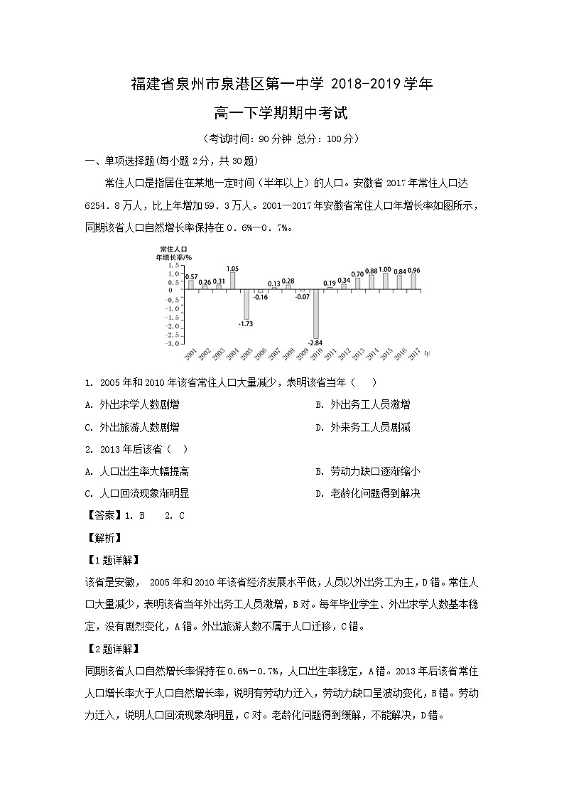 【地理】福建省泉州市泉港区第一中学2018-2019学年高一下学期期中考试（解析版）01