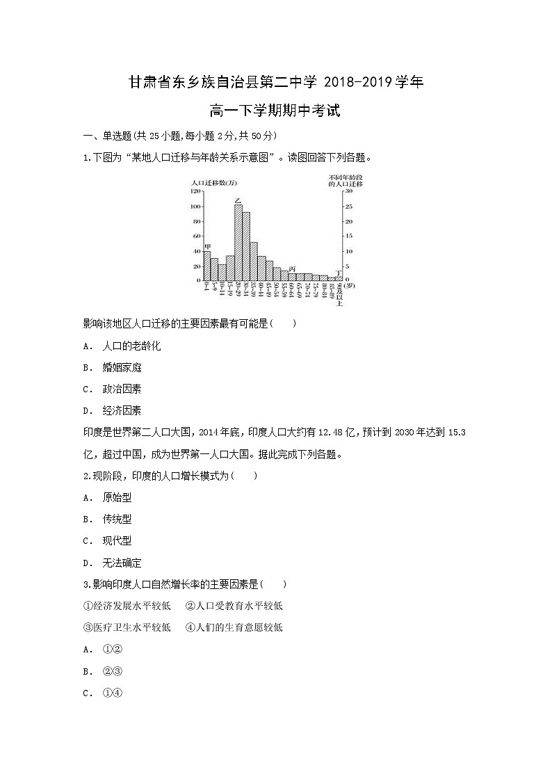 【地理】甘肃省东乡族自治县第二中学2018-2019学年高一下学期期中考试01