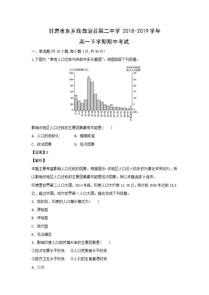 【地理】甘肃省东乡族自治县第二中学2018-2019学年高一下学期期中考试（解析版）01
