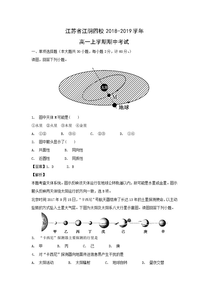 【地理】江苏省江阴四校2018-2019学年高一上学期期中考试(解析版)01