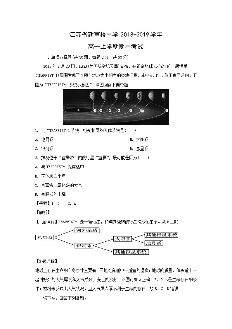 【地理】江苏省新草桥中学2018-2019学年高一上学期期中考试（解析版）01