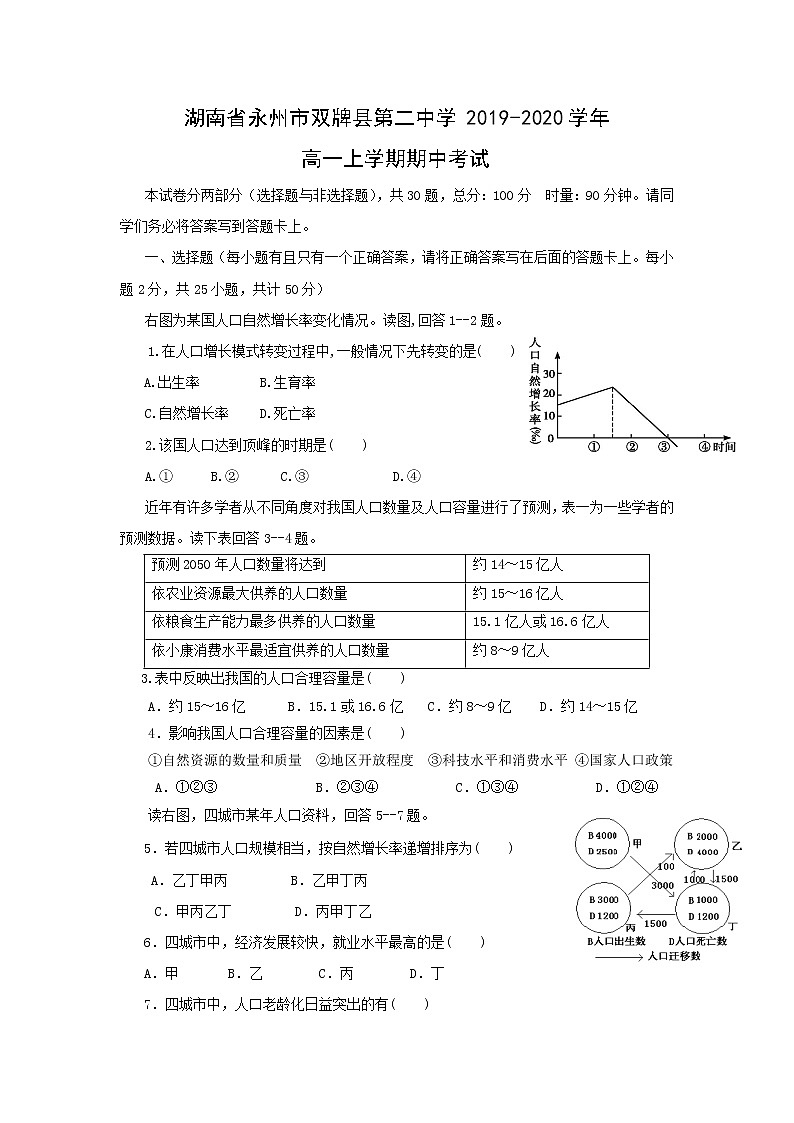 【地理】湖南省永州市双牌县第二中学2019-2020学年高一上学期期中考试第1页