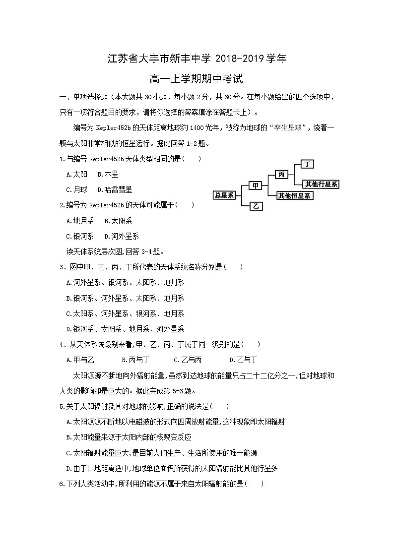 【地理】江苏省大丰市新丰中学2018-2019学年高一上学期期中考试01