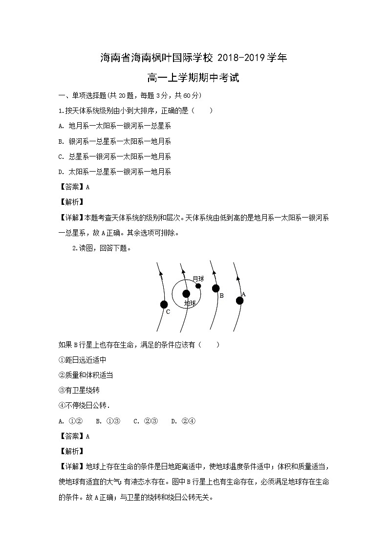 【地理】海南省海南枫叶国际学校2018-2019学年高一上学期期中考试（解析版）第1页