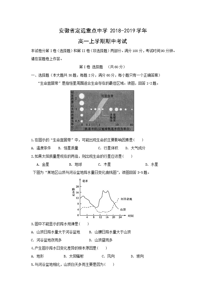 【地理】安徽省定远重点中学2018-2019学年高一上学期期中考试01