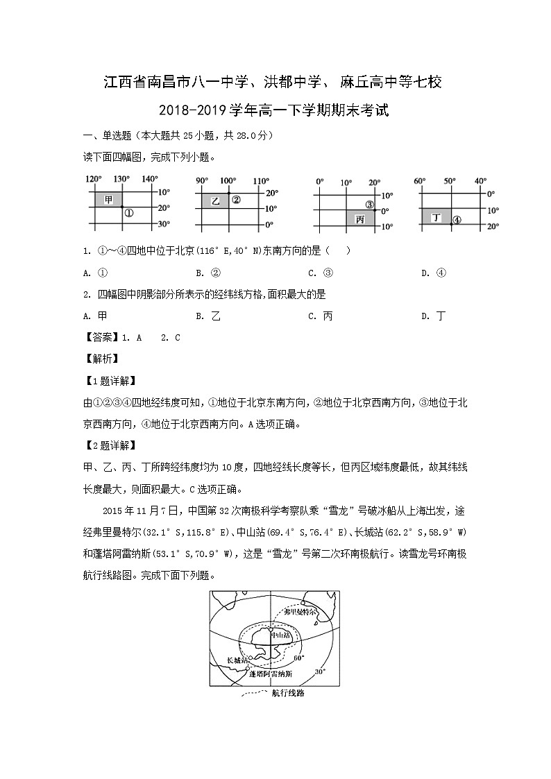 【地理】江西省南昌市八一中学、洪都中学、麻丘高中等七校2018-2019学年高一下学期期末考试（解析版）01
