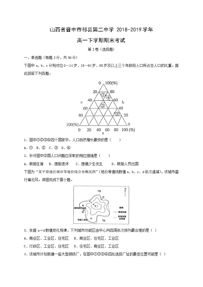 【地理】山西省晋中市祁县第二中学2018-2019学年高一下学期期末考试01