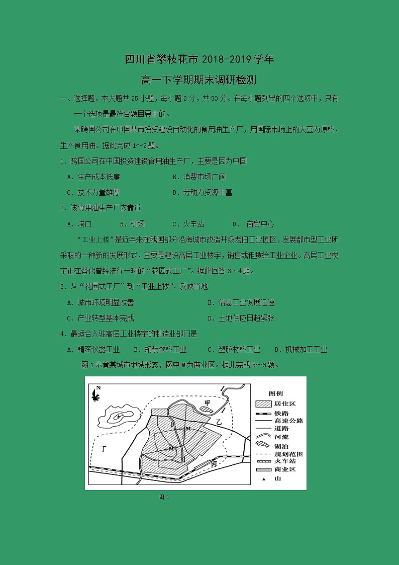 【地理】四川省攀枝花市2018-2019学年高一下学期期末调研检测01