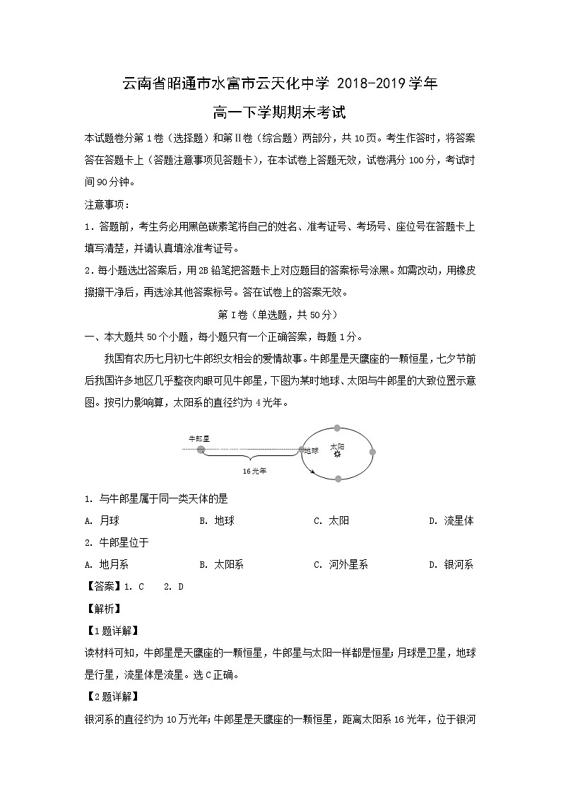 【地理】云南省昭通市水富市云天化中学2018-2019学年高一下学期期末考试（解析版）01