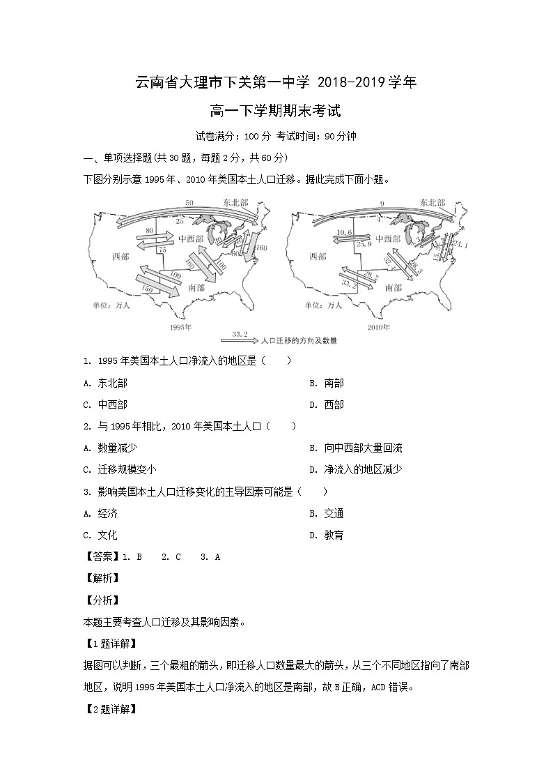 【地理】云南省大理市下关第一中学2018-2019学年高一下学期期末考试（解析版）01