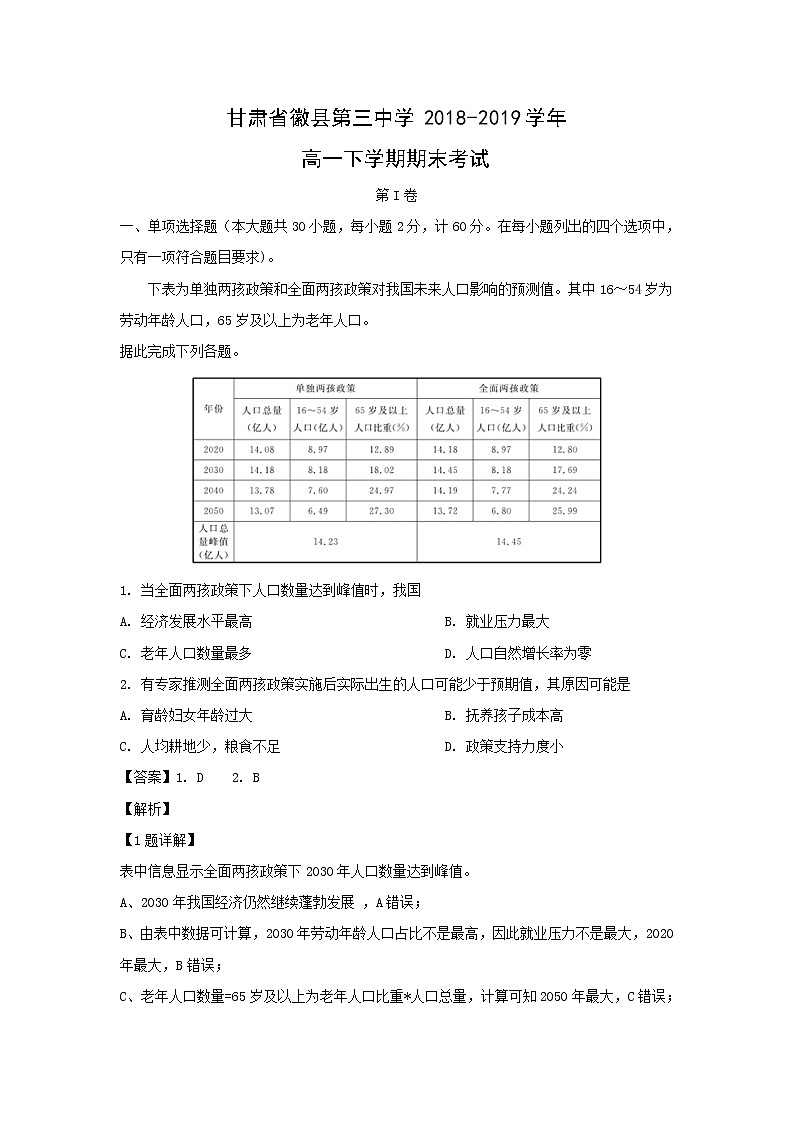 【地理】甘肃省徽县第三中学2018-2019学年高一下学期期末考试（解析版）01