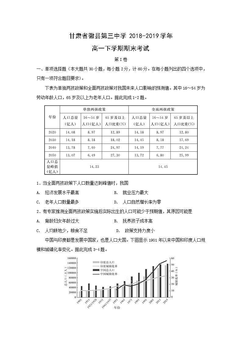 【地理】甘肃省徽县第三中学2018-2019学年高一下学期期末考试01