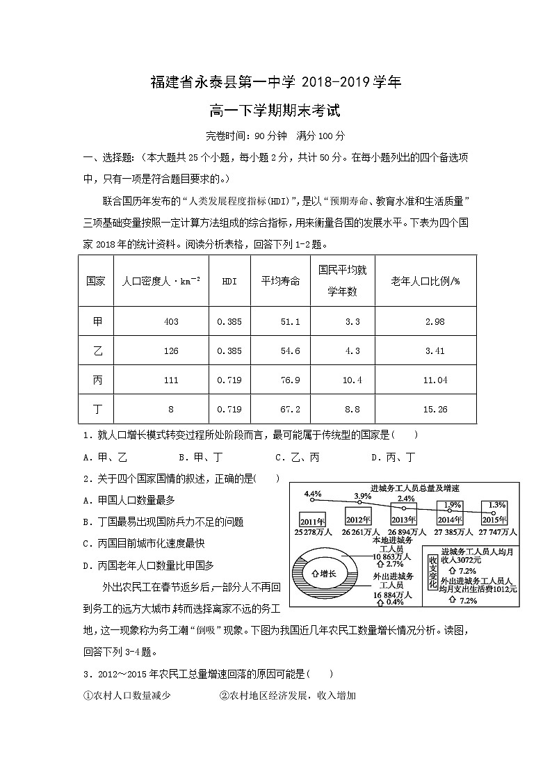 【地理】福建省永泰县第一中学2018-2019学年高一下学期期末考试01