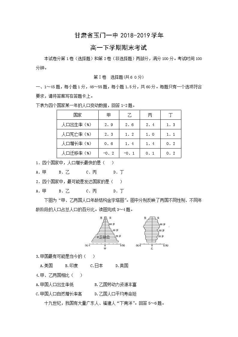 【地理】甘肃省玉门一中2018-2019学年高一下学期期末考试01