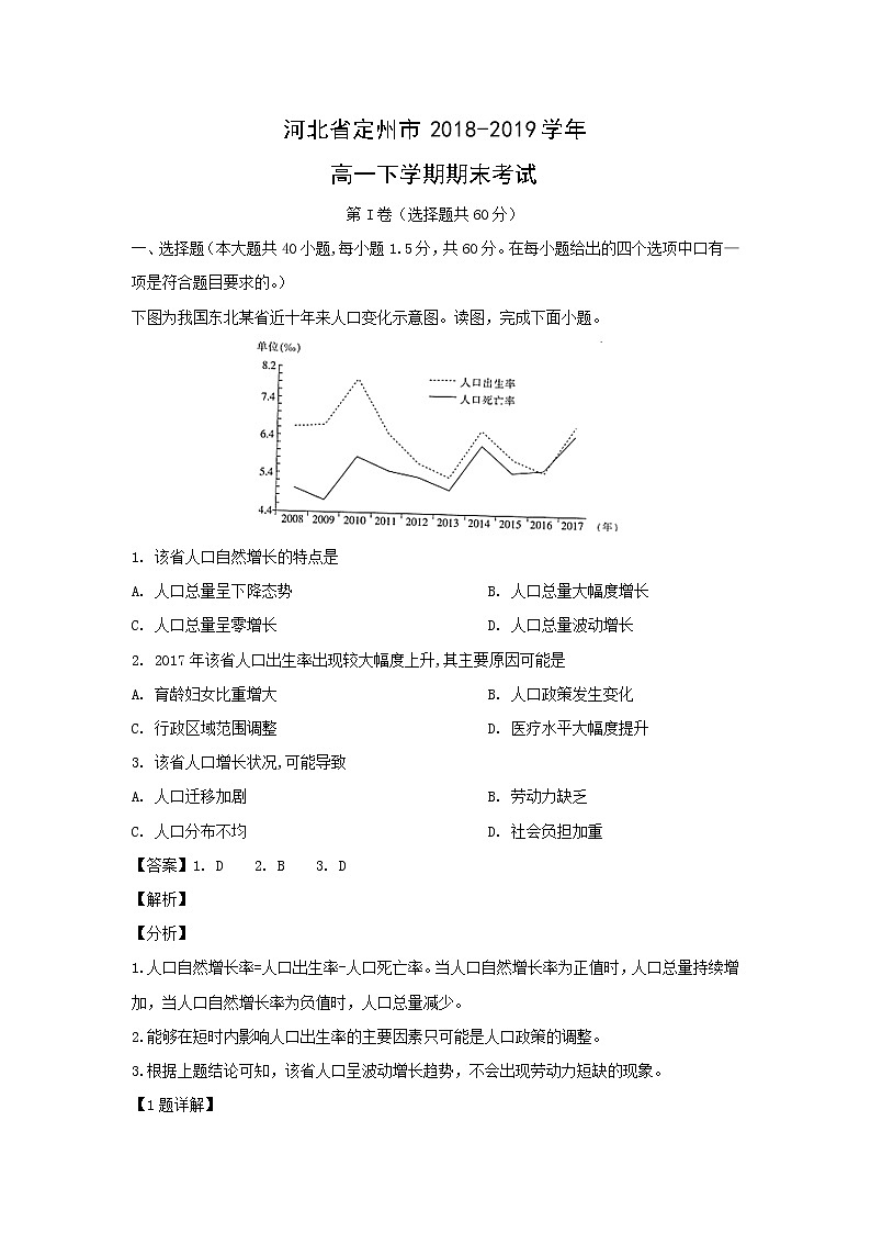 【地理】河北省定州市2018-2019学年高一下学期期末考试（解析版）01