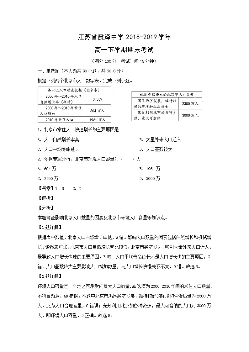 【地理】江苏省震泽中学2018-2019学年高一下学期期末考试（解析版）01