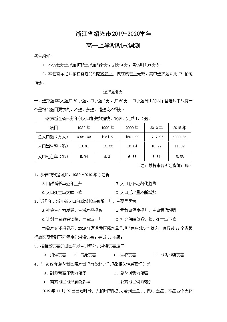 【地理】浙江省绍兴市2019-2020学年高一上学期期末调测01