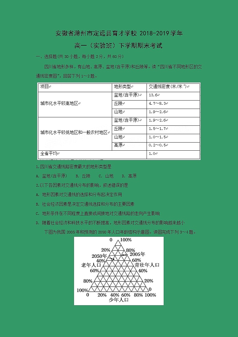 【地理】安徽省滁州市定远县育才学校2018-2019学年高一（实验班）下学期期末考试01
