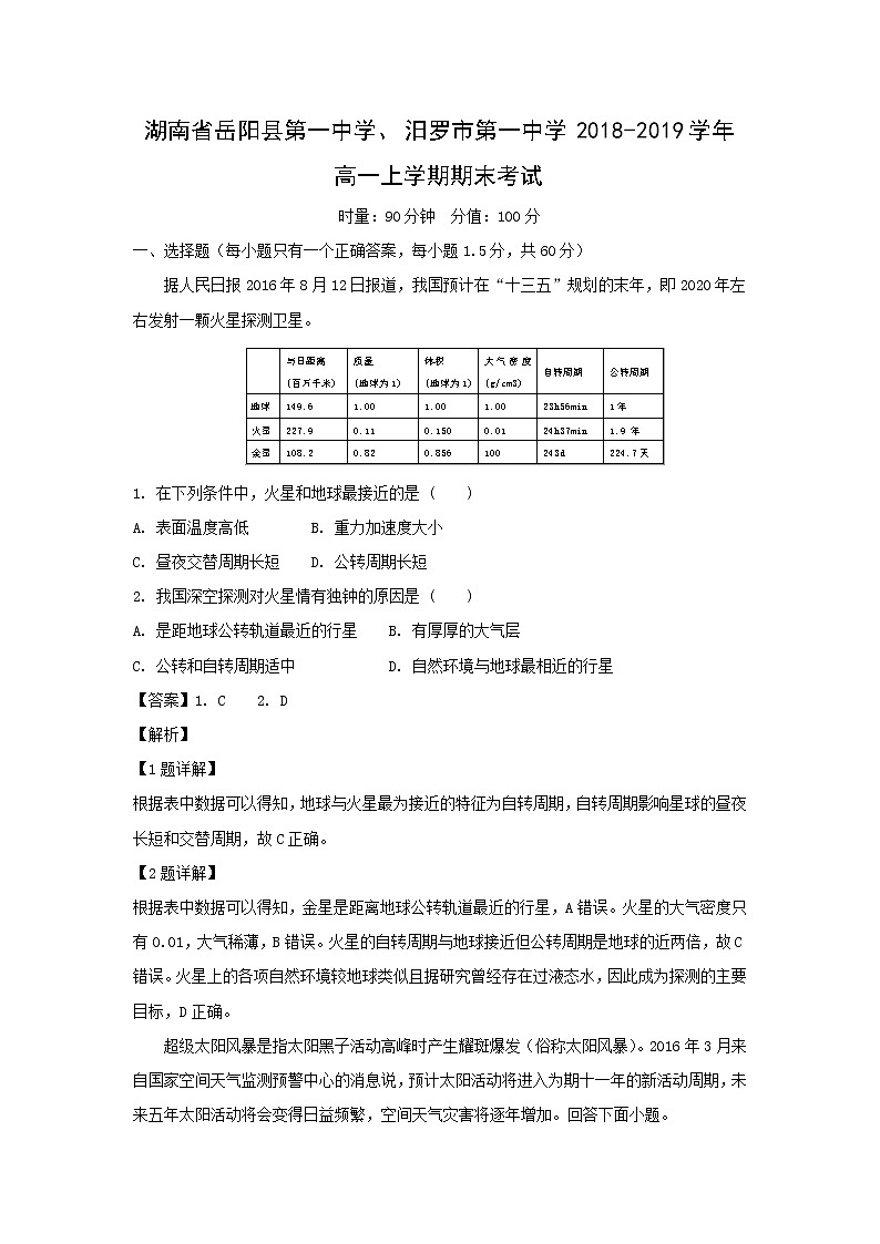 【地理】湖南省岳阳县第一中学、汨罗市第一中学2018-2019学年高一上学期期末考试（解析版）01