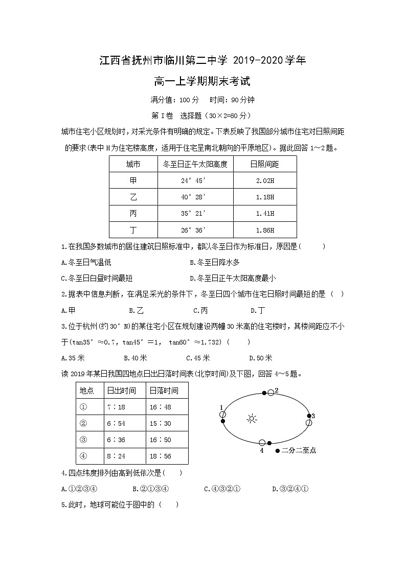 【地理】江西省抚州市临川第二中学2019-2020学年高一上学期期末考试01