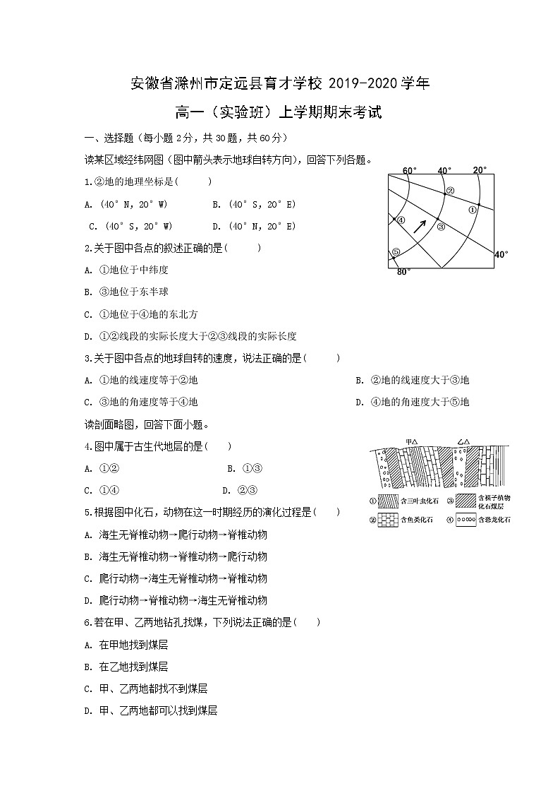 【地理】安徽省滁州市定远县育才学校2019-2020学年高一（实验班）上学期期末考试01