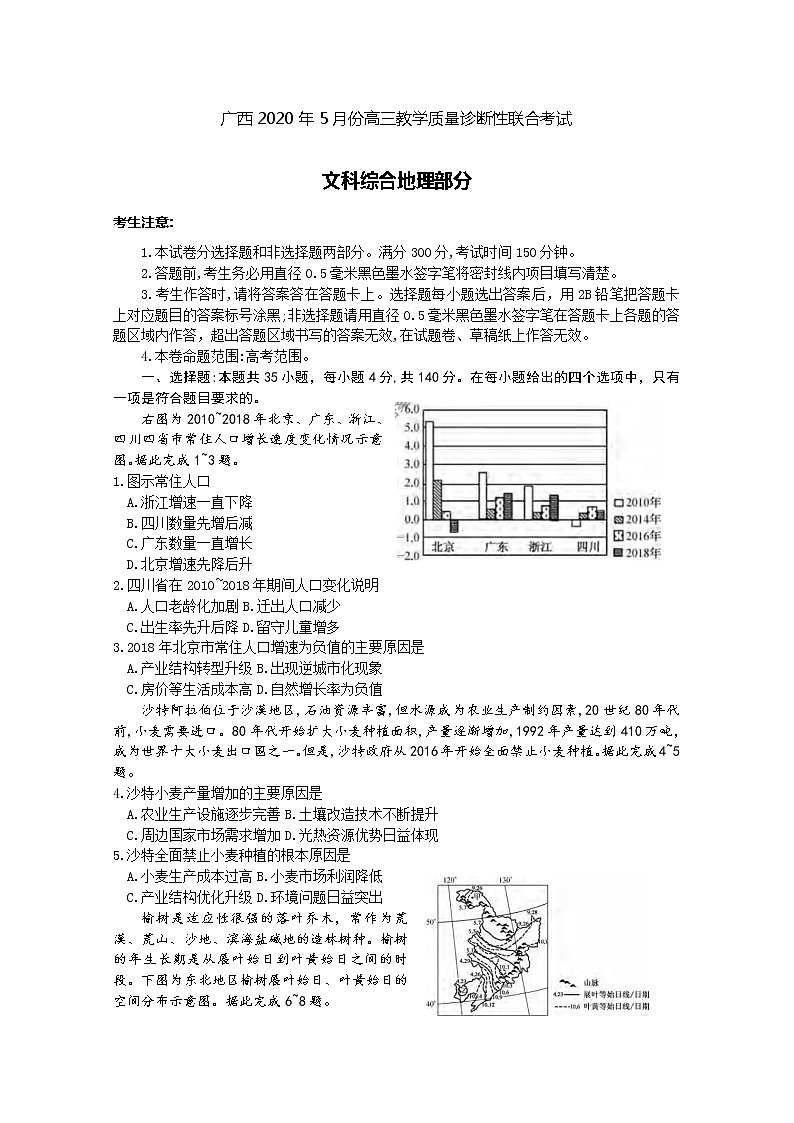 广西省玉林柳州贵港百色2020届高三5月质量检测考试文科综合地理试题第1页