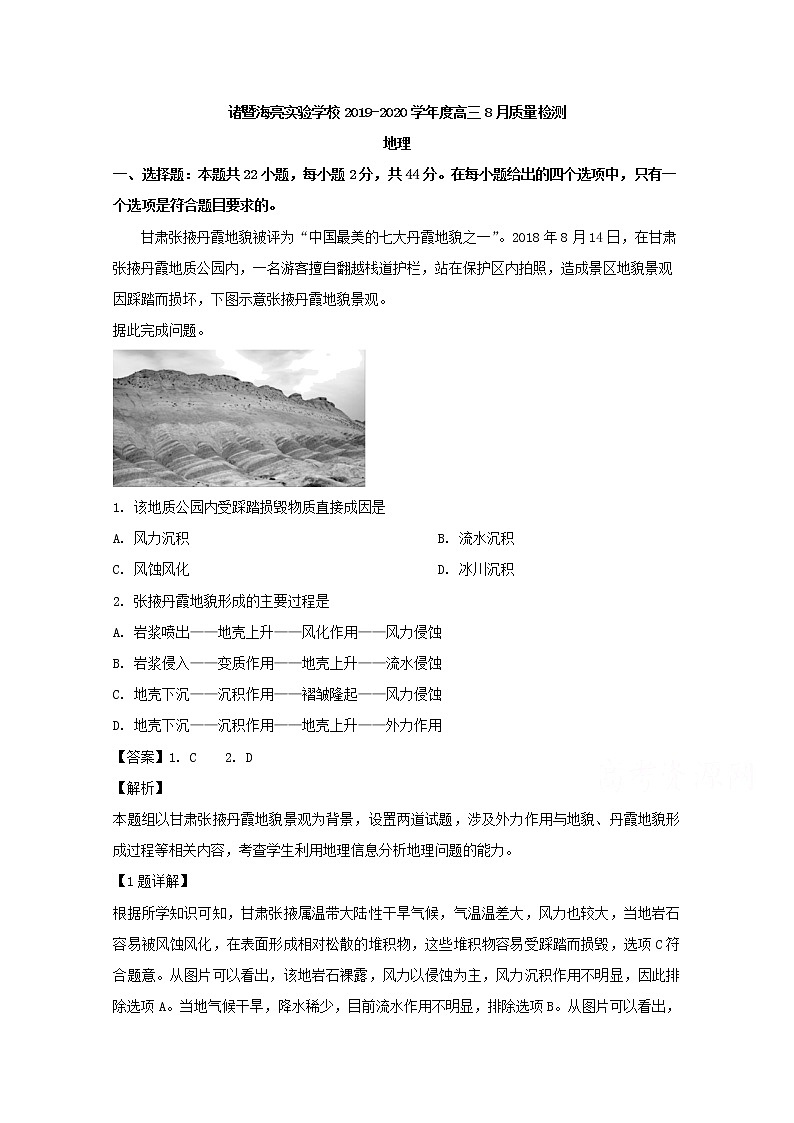 浙江省诸暨海亮实验中学2020届高三8月质量检测地理试题第1页