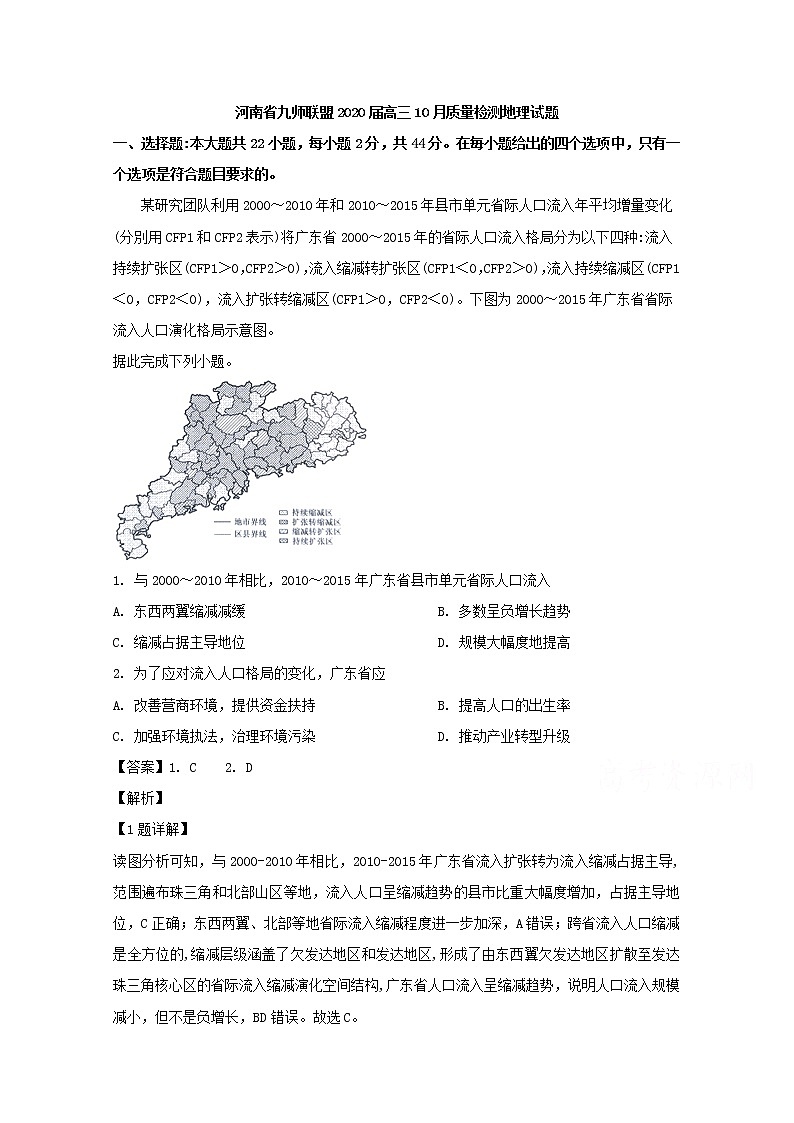 河南省九师联盟2020届高三10月质量检测地理试题01