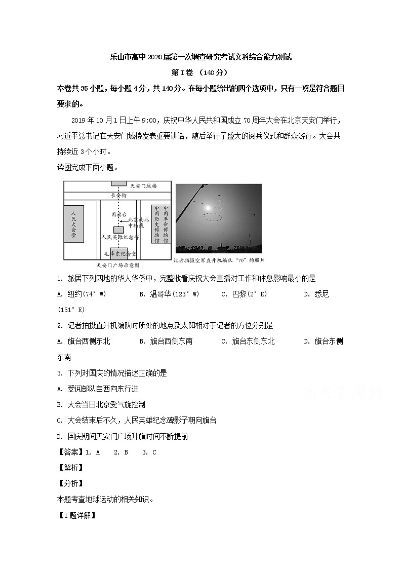 四川省乐山市2020届高三上学期第一次调查研究考试（12月）文综地理试题第1页