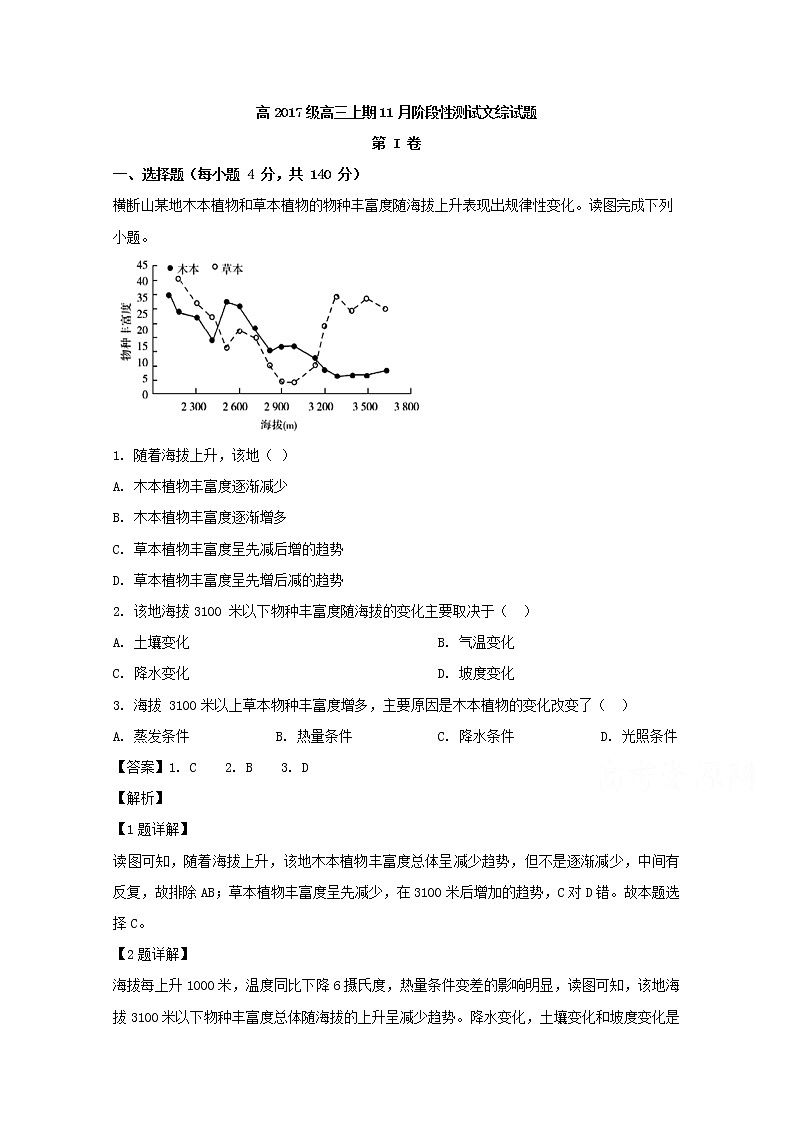 四川省成都市树德中学2020届高三11月阶段性检测文综地理试题01