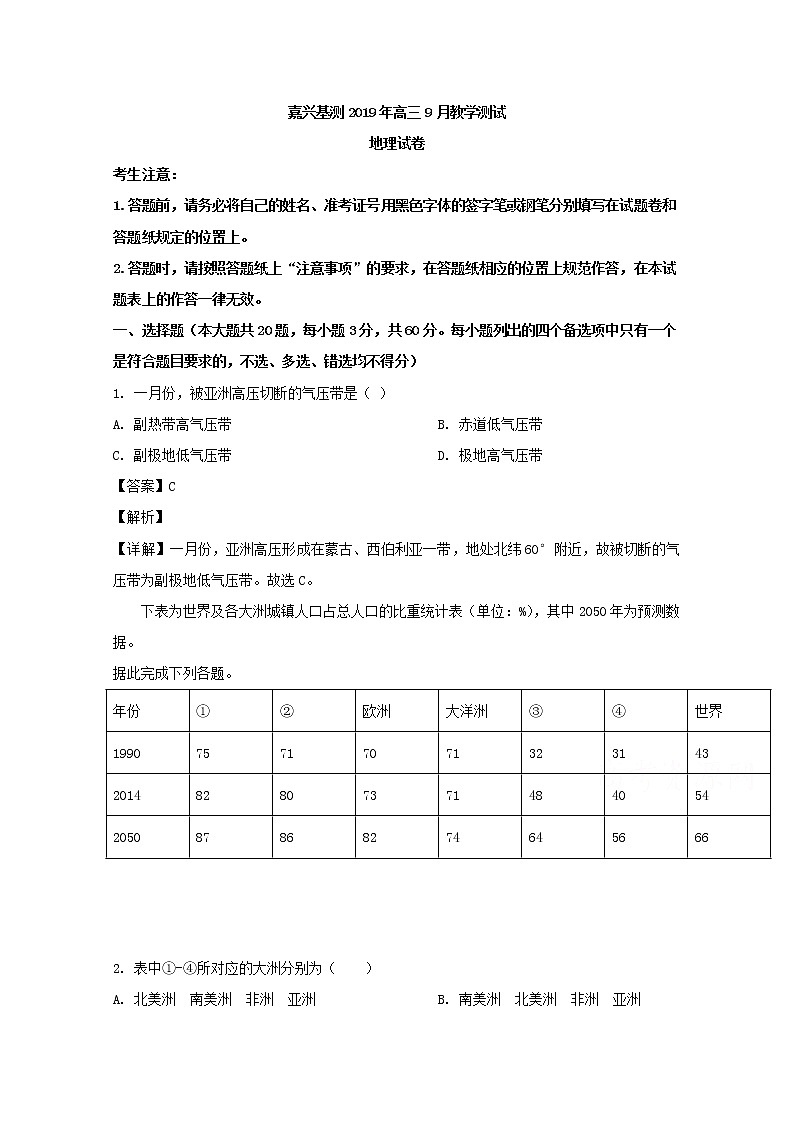 浙江省嘉兴市2020届高三9月教学测试地理试题第1页