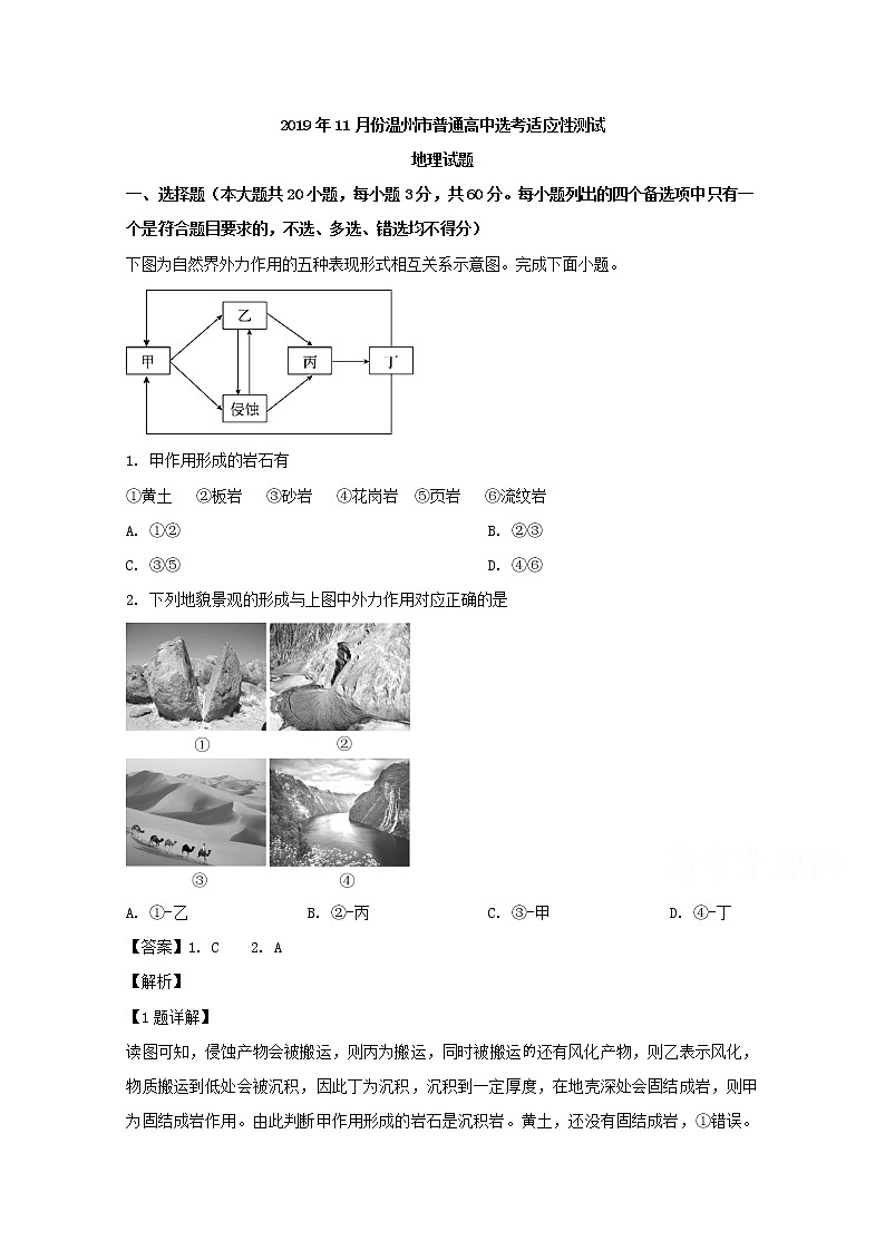 浙江省温州市2020届高三11月份普通高中选考适应性测试地理试题第1页