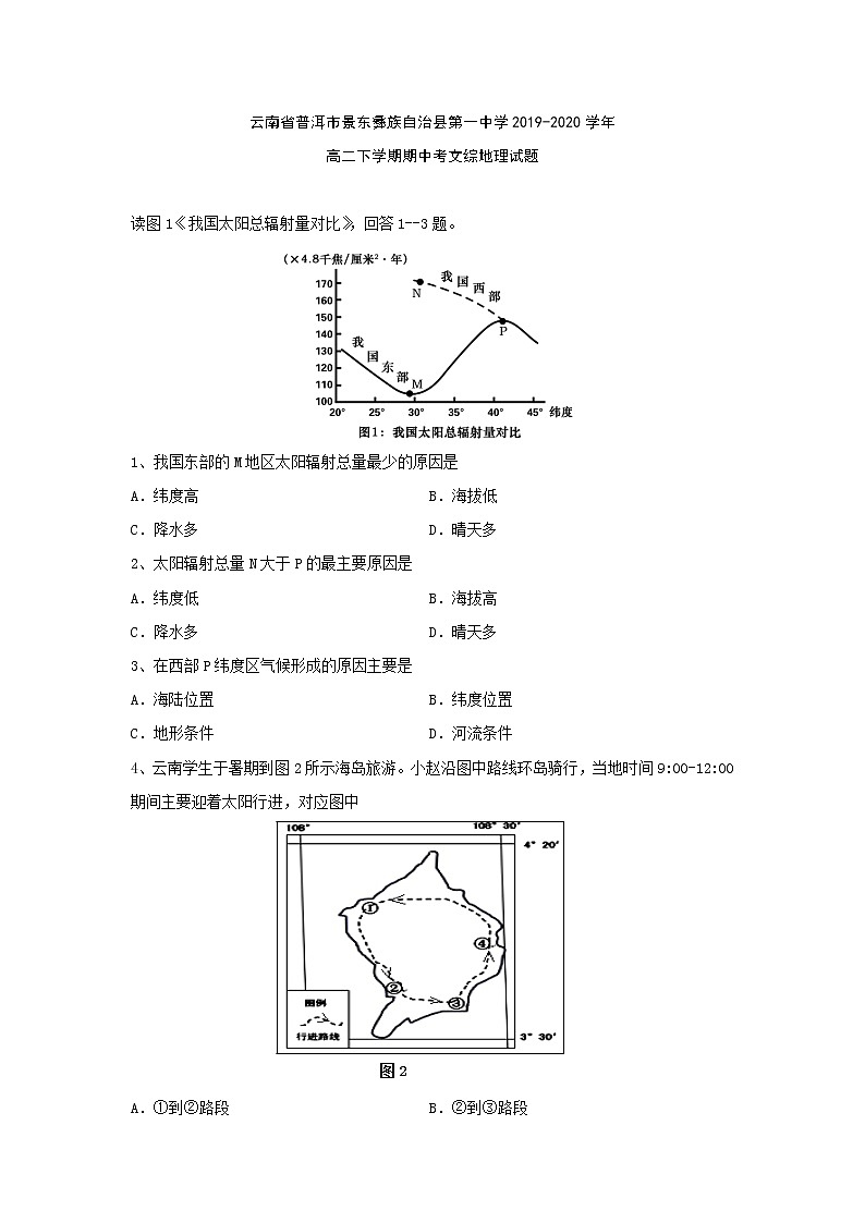 【地理】云南省普洱市景东彝族自治县第一中学2019-2020学年高二下学期期中考文综试题01