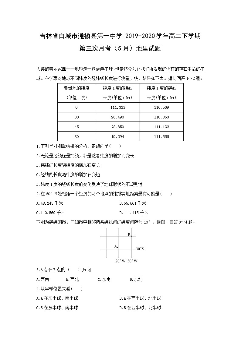 【地理】吉林省白城市通榆县第一中学2019-2020学年高二下学期第三次月考（5月）试题01