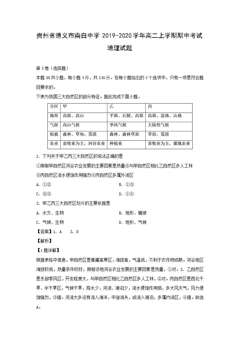 【地理】贵州省遵义市南白中学2019-2020学年高二上学期期中考试试题（解析版）01