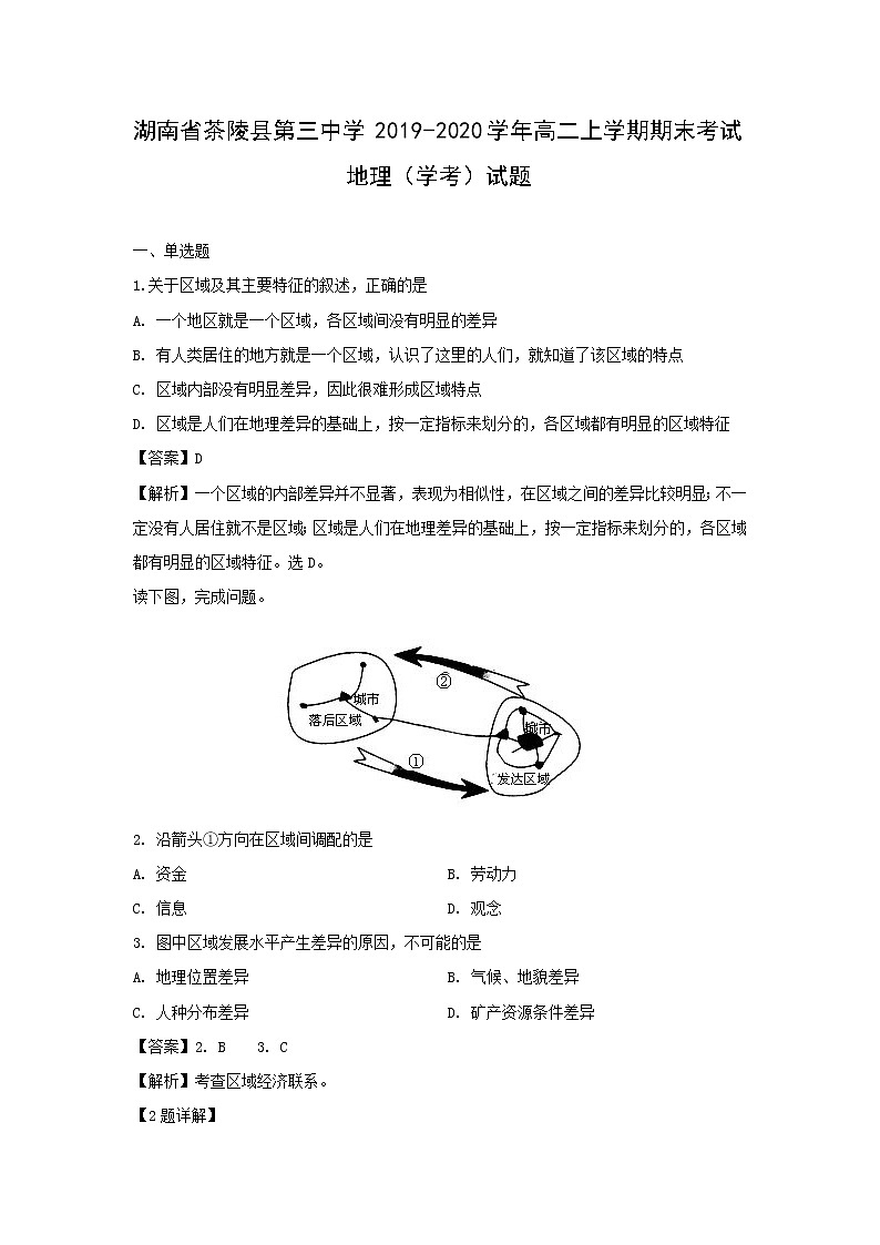 【地理】湖南省茶陵县第三中学2019-2020学年高二上学期期末考试（学考）试题（解析版）01