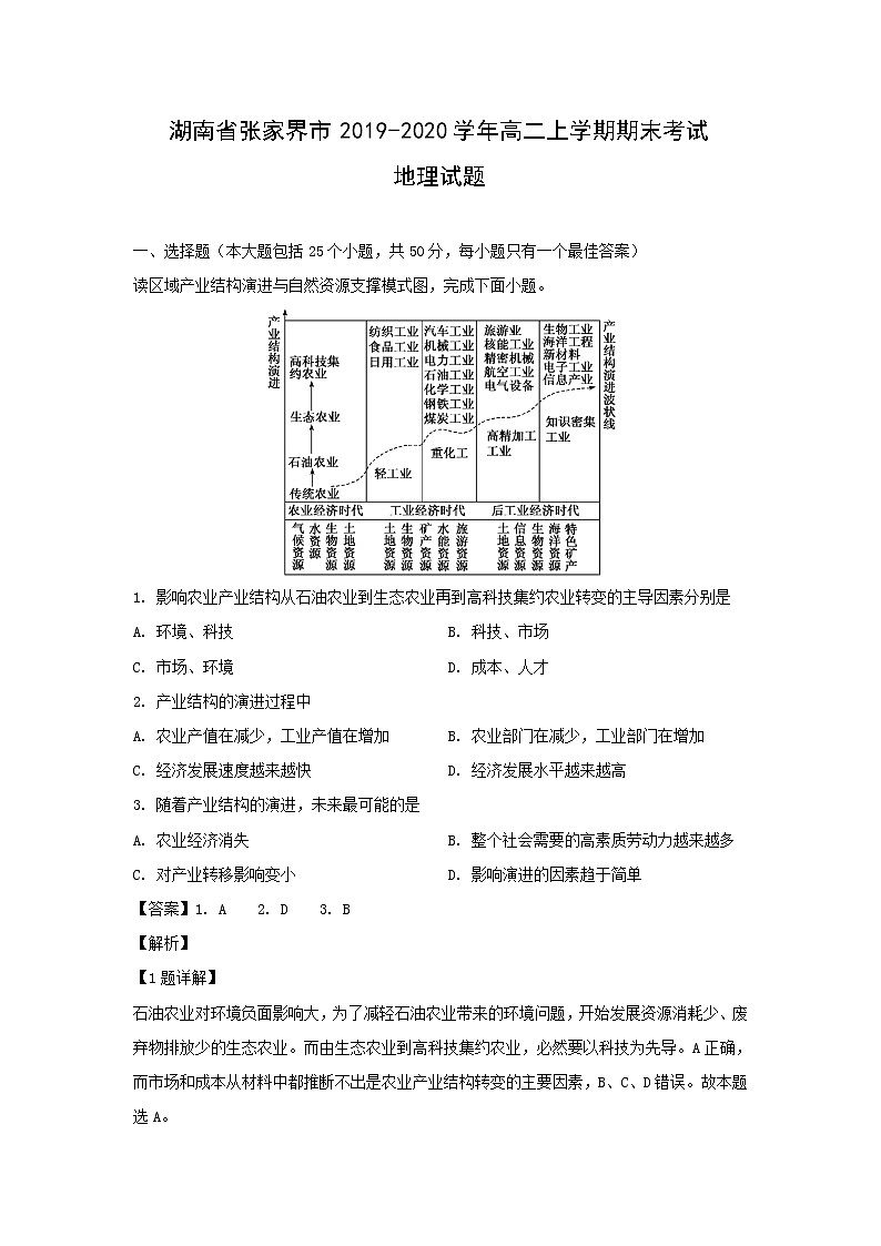 【地理】湖南省张家界市2019-2020学年高二上学期期末考试试题（解析版）01