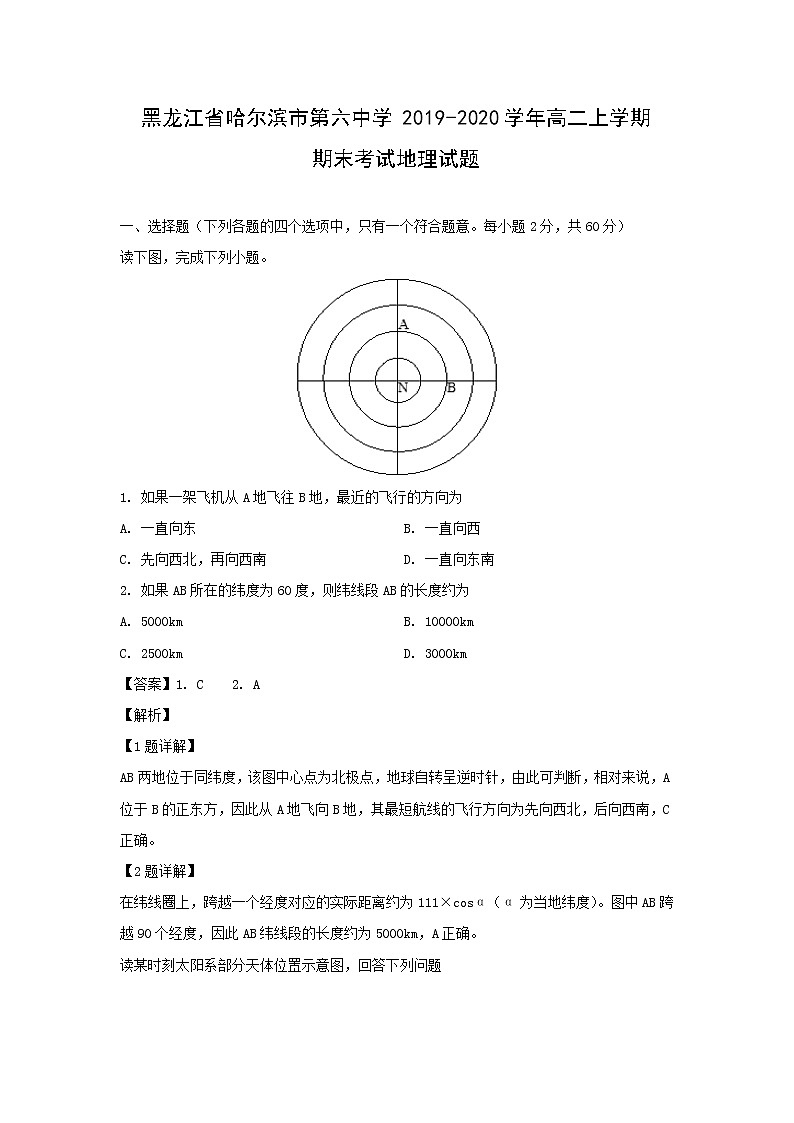 【地理】黑龙江省哈尔滨市第六中学2019-2020学年高二上学期期末考试试题（解析版）01